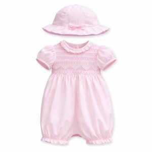 Sarah Louise pink smocked romper with matching hat