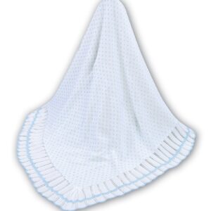 Sarah Louise white knit shawl with blue polka dots and blue trim